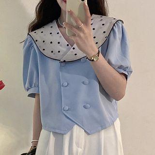 Puff-sleeve Collar Double-breasted Blouse Blue - One Size