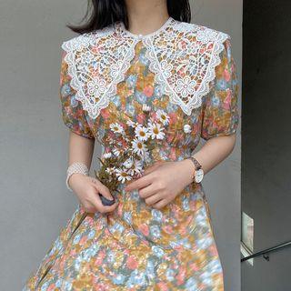 Crochet-lace Collar Printed Chiffon Dress Yellow - One Size