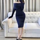 Long-sleeve Off Shoulder Midi Sheath Knit Dress