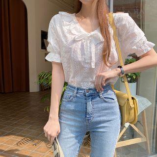 V-neck Eyelet-laced Blouse White - One Size