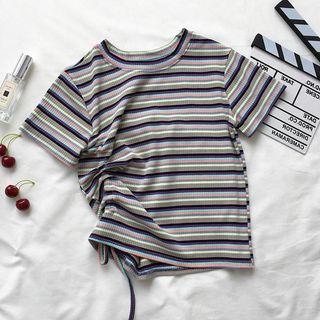 Short-sleeve Drawstring Side Striped Knit Top