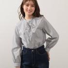 Peter-pan Collar Panel Long-sleeve Striped Blouse