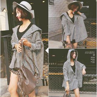 Gingham Long-sleeve Hooded Blouse
