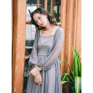 Puff-sleeve Midi A-line Chiffon Dress