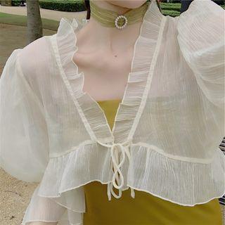 Elbow-sleeve Tie-front Ruffled Chiffon Jacket