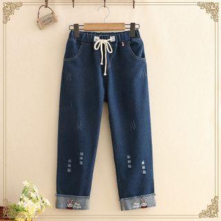 Rabbit Embroidered Cropped Straight-cut Jeans