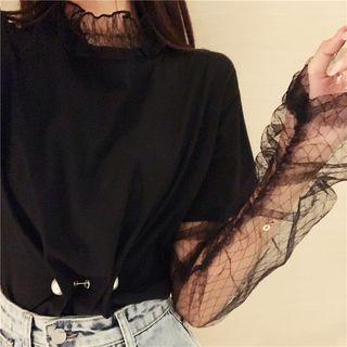 Mesh Long-sleeve Top / Faux-pearl Short-sleeve T-shirt