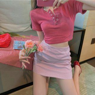 Short-sleeve Henley Crop Top / Mini Skirt