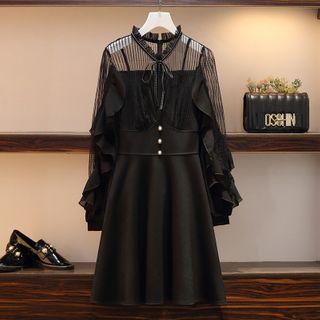 Long-sleeve Mesh Panel Short A-line Dress
