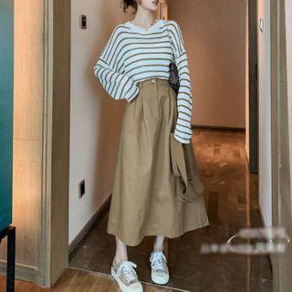 Set: Long-sleeve Striped T-shirt + Midi Skirt
