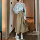 Set: Long-sleeve Striped T-shirt + Midi Skirt