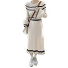 Flared-sleeve Striped Knit Midi A-line Dress