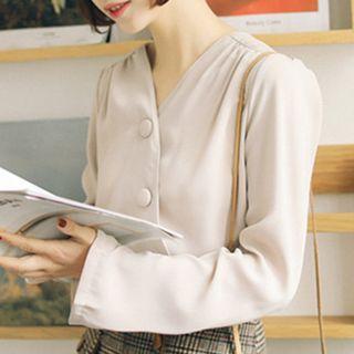 Plain Long Sleeve V-neck Top