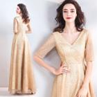 Glittered V-neck Short-sleeve Evening Gown