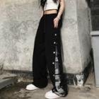 Side Button-up Print Panel Wide-leg Pants