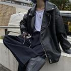 Plain Loose-fit Long-sleeve Faux Leather Zip Jacket