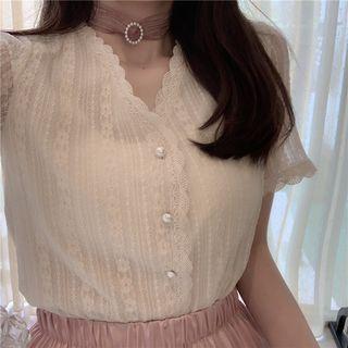 V-neck Short-sleeve Lace Top Lace Top - Almond - One Size