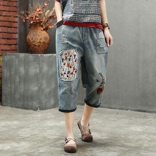 Applique Cropped Harem Jeans Blue - One Size