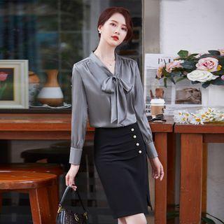 Tie-neck Blouse / Beaded Pencil Skirt