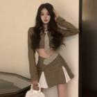 Tie-neck Crop Shirt / Two-tone Mini A-line Skirt