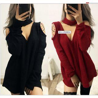 Long-sleeve Cutout A-line Knit Mini Dress
