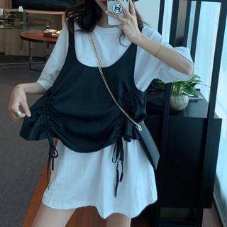 Elbow-sleeve Plain Crew-neck Loose-fit T-shirt/sleeveless Plain Drawstring Waistcoat