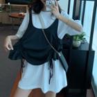 Elbow-sleeve Plain Crew-neck Loose-fit T-shirt/sleeveless Plain Drawstring Waistcoat