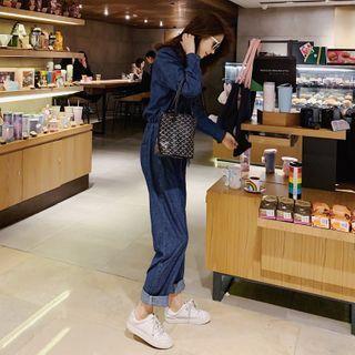 Long-sleeve Drawstring-waist Denim Jumpsuit