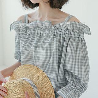 Plaid Off Shoulder Elbow Sleeve Blouse Plaid - One Size