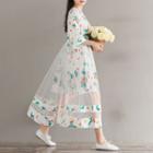 Floral Print Mesh Overlay Elbow Sleeve Midi Dress