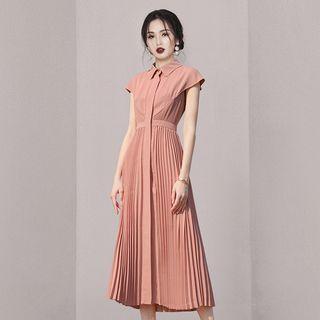 Cap-sleeve Pleated Midi Shirt Dress