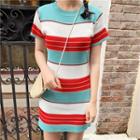 Short-sleeve Striped Knit Bodycon Dress As Shown In Figure - One Size