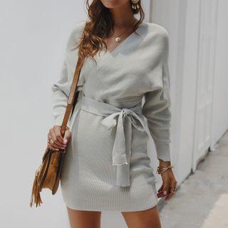 V-neck Tie-waist Knit Mini Bodycon Dress