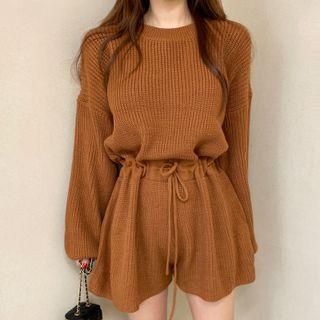 Long-sleeve Drawstring Knit Romper