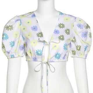 Puff-sleeve Floral Tie-front Crop Top