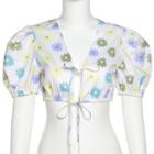 Puff-sleeve Floral Tie-front Crop Top