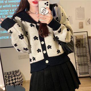 Floral Contrast Trim Cardigan Black Flower - Beige - One Size