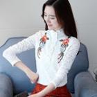 Embroidery Mock Neck Lace Blouse
