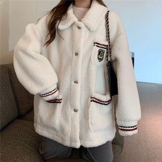 Logo Embroidered Fleece Button Jacket Beige - One Size