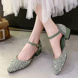 Block Heel Rhinestone Dorsay Pumps