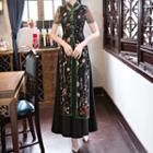 Set: Floral Embroidered Slit Midi Cheongsam + Sleeveless A-line Midi Dress