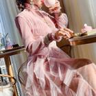 Mock Turtleneck Long-sleeve Mini Sheath Knit Dress Pink - One Size