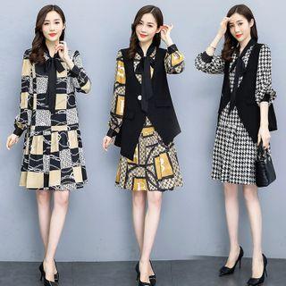 Set: Puff-sleeve Printed A-line Dress + Button-up Vest