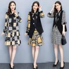 Set: Puff-sleeve Printed A-line Dress + Button-up Vest
