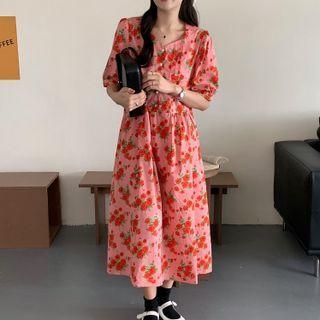 Puff Sleeve Square Neck Floral Print Dress Floral - Pink - One Size