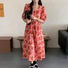 Puff Sleeve Square Neck Floral Print Dress Floral - Pink - One Size