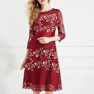 3/4-sleeve Floral Applique Cocktail Dress