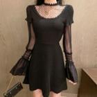 Long-sleeve Mesh-panel Ruffled Dress Black - One Size