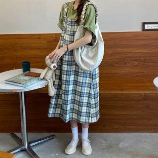 Plain Short-sleeve T-shirt / Plaid Midi A-line Pinafore Dress