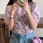 Spaghetti Strap Floral Print Top / Short-sleeve Blouse